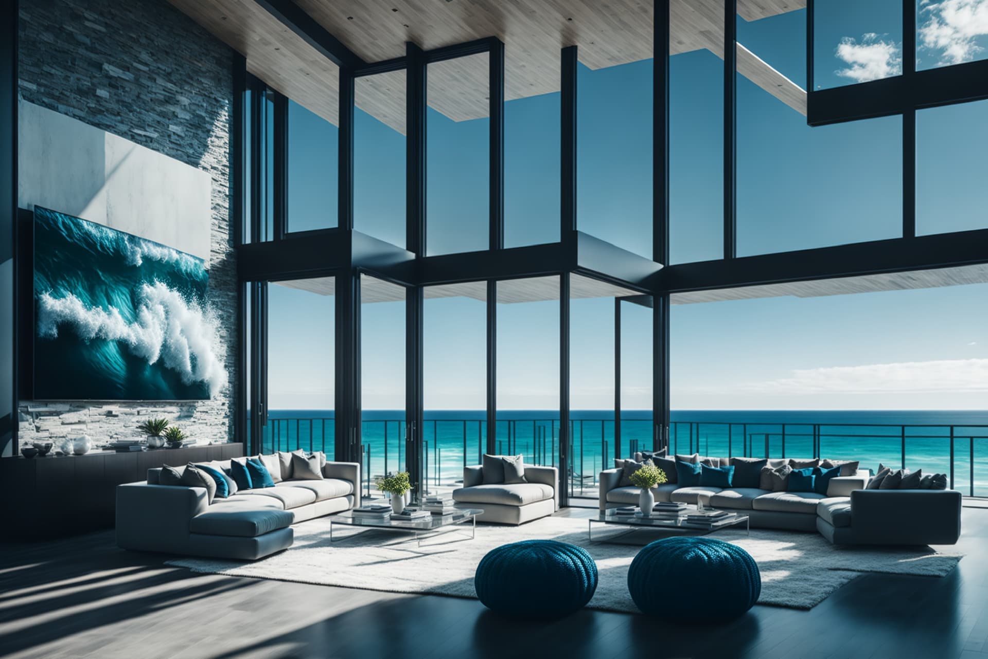 Oceanfront great room with a DVLED canvas showing a breaking wave